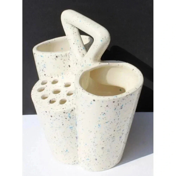 Vintage MCM 1980s Bud Vase Utensil Holder Glazed Splatter Ware 4 Sided White - Picture 2 of 3